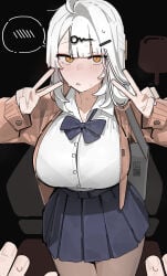 1girls 1other 2026 2d 2d_(artwork) artist_name azz0422 big_breasts black_background blush boobs breasts clothed clothing color colored digital_media_(artwork) double_peace_sign female female_only front_view fully_clothed hair hi_res hoyoverse huge_breasts large_breasts light-skinned_female light_skin looking_at_viewer mihoyo qr_code skirt sweat sweatdrop tits v v_sign white_hair yellow_eyes yixuan_(zenless_zone_zero) zenless_zone_zero
