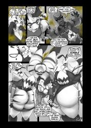 3_fingers 4_arms absurd_res annoyed antennae_(anatomy) anthro anus arthropod arthropod_abdomen back_wings bee big_anus big_butt black_and_white bottomless bottomless_anthro bottomless_female bumped_into bumping butt canid canine canis claws clothed clothed_anthro clothed_male clothing comic cough covering covering_mouth covering_nose cropped_hoodie cropped_jacket cropped_sweater dialogue dobermann domestic_dog dress duo dutch_angle english_text eyewear falling fart fart_cloud fart_fetish farting_female female female/female female_farting finger_claws fingers fully_clothed fully_clothed_anthro fully_clothed_male gas_cloud gesture giving_up heather_(soomir) hi_res hip_check huge_butt hymenopteran insect insect_wings insult insulting_another male mammal mandibles marigold_(soomir) monochrome multi_arm multi_limb multiple_scenes obese obese_anthro obese_female overweight overweight_anthro overweight_female panties panties_down partially_clothed partially_clothed_anthro partially_clothed_female pawpads pinscher puffy_anus queen_bee realization security security_guard shrug smelly smile smirk soomir speech_bubble sunglasses surprised surrendering taunting teasing text thick_thighs towering underwear underwear_down wearing_sunglasses wide_angle wings