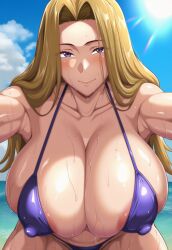 ai_generated areola_slip armpits bikini blonde_hair blue_sky breast_focus cleavage collarbone erect_nipples huge_breasts leaning_forward long_hair looking_at_viewer mature_female methode_(sousou_no_frieren) outdoors pigtails pressing_breasts_together pushing_breasts_together shiny_skin shoulders sousou_no_frieren suggestive sweatdrop sweaty teasing water wet_skin