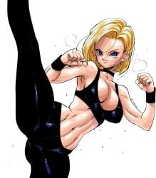1female 1girl 1girls abs android_18 black_legwear blonde blonde-haired_female blonde_female blonde_hair blue_eyes boobs breasts cleavage clothed clothed_female clothing color color_edit colored cyborg cyborg_girl dragon_ball dragon_ball_super dragon_ball_z edit edited edited_art edited_by_uploader edited_image exercise exercise_clothing female female_focus female_human female_only fighting_pose ghouse gym gym_clothes gym_shorts human light-skinned_female light_skin medium_breasts smile smiling smiling_at_viewer solo solo_female solo_focus sports_bra sportswear sweat sweatdrop sweating sweaty sweaty_body sweaty_breasts tight_clothes tight_clothing woman woman_focus woman_only woman_solo