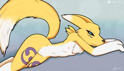 2017 anthro black_sclera blue_eyes canine digimon female female_only fox fur looking_at_viewer mammal nipples nude pussy renamon simple_background solo tuft white_fur yellow_fur zekromlover