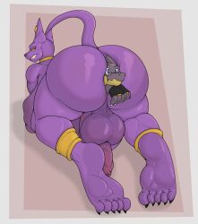 abdominal_bulge anal anal_vore anthro anus balls beerus belly big_balls big_belly big_butt blue_eyes butt charizard domestic_cat dragon_ball dragon_ball_super duo erection eyewear felid feline felis foreskin fur generation_1_pokemon genitals glasses hi_res male male/male male_pred male_prey mammal nintendo penis pokemon pokemon_(species) purple_body purple_fur rokie38 rokie_(rokie38) same_size_vore tight_foreskin vore
