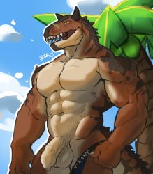 abs absurd_res anthro balls digital_drawing_(artwork) digital_media_(artwork) dinosaur foreskin genitals hi_res horn luceneko male muscular muscular_anthro muscular_male navel pecs penis prehistoric_species reptile scalie scar sky solo standing tail teeth