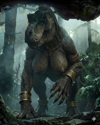 ai_generated claws_out dominant_female dominant_futa furry furry_female gold_jewelry jungle jurassic_park_(franchise) jurassic_world jurassic_world_fallen_kingdom large_breasts massive_breasts milf muscular_female naked naked_female queen rexy_(jurassic_park) scalie scalie_female solo_female teeth teeth_showing tyrannosaurus_rex wife