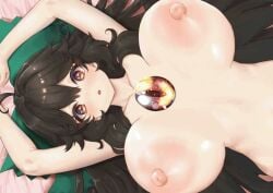 1girls ahoge animated arms_up bed_sheet blush bow breasts breasts_apart brown_hair chest_eye collarbone completely_nude from_above green_bow hair_between_eyes hairbow huge_breasts huge_nipples large_areolae long_hair looking_at_viewer looping_animation no_sound nude on_back parted_lips reiuji_utsuho slit_pupils solo tagme third_eye_(touhou) touhou very_long_hair video yamataka