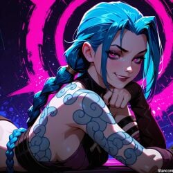 (titancore) ai_generated arcane_jinx blue_hair colour_background crazy_girl cute_girl female girl jinx_(league_of_legends) jinx_arcane laying_down league_of_legends long_hair low_twintails paint_splatter pink_eyes small_breasts smirking_at_viewer video_game_character