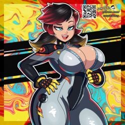 1:1 1girls alternate_breast_size bodysuit border breasts cleavage clothing easyskweezy female female_only hi_res large_breasts light-skinned_female light_skin lips looking_at_viewer marvel marvel_rivals open_mouth peni_parker peni_parker_(marvel_rivals) qr_code smile solo teeth thick_thighs thighs tongue url wide_hips