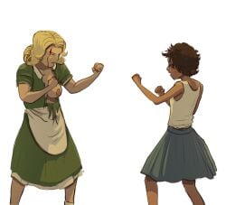 2women blonde_female blonde_hair blood_on_face breast_out brown_skin domestic_abuse fight filth_(artist) lesbian_couple meme yuri