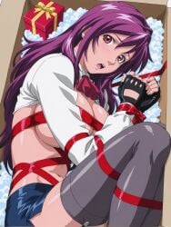 1girls ai_generated barefoot before_sex bible_black bible_black_new_testament bondage breasts breasts_out breasts_out_of_clothes clothed_female_nude_male clothed_sex clothing embarrassed exposed_breasts female female_focus fetal_pose fetal_position fingerless_gloves garter_belt garter_straps gift gift_box gift_wrapped gift_wrapped_female gloves high_resolution human_gift ichikawa_aki imminent_sex improvised_bondage indoors kneeling legwear long_hair lying lying_on_side necktie nipples no_bra open_clothes open_shirt pov presenting_breasts purple_hair red_eyes shin_bible_black shirt showing_breasts shy sidelocks spread_legs stockings straight sweat sweatdrop thighhighs underwear very_long_hair vest viewed_from_above young_adult young_adult_female