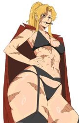 1girls balalaika black_bra black_garter_belt black_garter_straps black_lagoon black_panties black_thighhighs blonde_hair bottomwear bra breasts cleavage female female_only garter_belt garter_straps hair hand_on_hip hips legwear medium_breasts object_in_mouth octavius_dp panties ponytail robe scar scar_across_eye scar_on_face scars scars_all_over scars_on_arm scars_on_body scars_on_chest solo solo_female thighhighs tied_hair topwear wide_hips