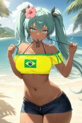 1girl ai_generated animated aqua_eyes aqua_hair bangs bare_shoulders beach bikini bikini_under_shorts black_bikini black_swimsuit blue_shorts blue_sky blush bracelet brazilian_miku breasts busty clavicle cleavage clothing cloud cowboy_shot crop_top dark-skinned_female dark_skin day denim denim_shorts female female_only flower hair_between_eyes hair_flower hair_ornament hatsune_miku hip_sway holding jewelry large_breasts long_hair looking_at_viewer midriff mouth_hold mp4 nail_polish navel no_audio ocean open_fly outdoors palm_tree pixiv portrait rena_aikawa_(pixiv_user) sand shaking_hips shirt short_shorts shorts sky smile solo stomach string swimsuit tagme tanlines tanned thighs tied_hair tree twintails unzipped very_long_hair video vocaloid water zipper