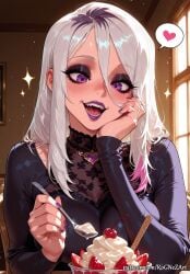 1girl 2026 ai_generated anime blush boobs breasts cherry cleavage crossover dbd dead_by_daylight eye_contact female female_focus flushed food fruit hair_between_eyes heart highres holding holding_spoon huge_breasts ice_cream indoors inside large_breasts lipstick long_hair long_sleeves looking_at_viewer makeup moaning multicolored_hair nail_polish nsfw open_mouth parfait patreon purple_eyes purple_lips purple_nails rognezart sable_ward smile smiling solo sparkle spoken_heart spoon strawberry upper_body very_long_hair white_hair