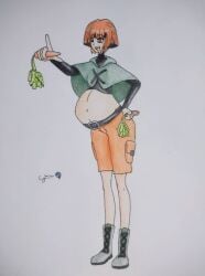 1girls crop_top cyberiorr enjoying_pregnancy gardenia_(pokemon) ginger ginger_female ginger_hair gym_leader hyper_belly pokemon pokemon_dppt pregnancy_cravings pregnant pregnant_belly pregnant_female