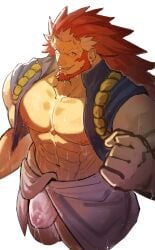 balls bara beard bulge facial_hair flaccid horns long_hair maju_5427 male male_only muscles muscular penis red_hair right_(yomi_no_tsugai) solo solo_male sweat sweating yomi_no_tsugai