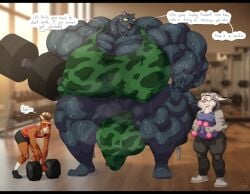 anthro athletic_wear balls big_balls big_breasts big_bulge big_muscles big_penis bobthetanuki bodily_fluids bovid breasts bulge caprine clothing disney english_text felid feline footwear genitals goat goat_(movie) group gym gynomorph hi_res huge_balls huge_breasts huge_bulge huge_muscles huge_penis huge_thighs hyper hyper_balls hyper_breasts hyper_bulge hyper_genitalia hyper_muscles hyper_penis hyper_thighs intersex jett_fillmore lynx male mammal muscular pantherine pawbert_lynxley penis public_indecency shoes sneakers sweat tagme text thick_thighs trio will_harris zootopia