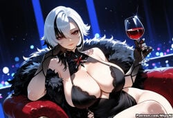 1girl ai_assisted ai_generated alcohol arlecchino_(genshin_impact) bangs bare_shoulders black_dress black_gloves blush breasts cleavage crossed_legs cup curvaceous curvy curvy_female curvy_figure dress drinking_glass elbow_gloves eyebrows_visible_through_hair feather_boa female fur_trim genshin_impact gloves graf_zeppelin_(azur_lane) hair_between_eyes hair_ornament holding holding_cup jewelry large_breasts lips looking_at_viewer milf miyuai mole_on_breast red_eyes silver_hair sitting smile solo thick thick_ass thick_butt thick_hips thick_legs thick_thighs thighs voluptuous voluptuous_female wide_hips wide_thighs wine wine_glass