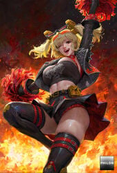 1girls ai_generated arm_up belt black_jacket black_panties black_skirt black_thighhighs blonde_hair boots breasts burnice_white cheerleader cropped_jacket fire holding jacket large_breasts looking_at_viewer midriff one_eye_closed open_clothes open_jacket open_mouth panties philon pom_pom_(cheerleading) pouch red_eyes skindentation skirt smile solo spikes stable_diffusion strapless thigh_boots thigh_strap thighhighs tube_top twintails underwear zenless_zone_zero