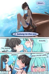 2girls bikini blush boat brown_hair comic marima666_(artist) swimsuit