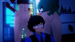 1boy 2futas 3d abs bedroom big_penis black_hair bottomless dana_zane futanari gillian_(va-11_hall-a) hand_on_hip julianne_stingray koikatsu light-skinned_futa light-skinned_male light_skin looking_at_another looking_up male medium_hair partially_clothed penis penis_grab penis_on_head scared scared_expression spiritofrei sweat va-11_hall-a worried worried_expression