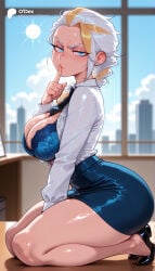 1girl 1girls absurd_res absurdres ai_generated ass between_legs big_ass big_breasts black_footwear black_necktie blonde_hair blue_bra blue_eyes blue_skirt blue_sky blurred_background blurry blurry_background blush bra braid braided_ponytail breasts cartoon cartoony cleavage cloud collared_shirt day depth_of_field female female_focus finger_to_mouth from_side full_body hi_res high-waist_skirt high_heels high_quality high_resolution highres indoors jaina_proudmoore kneeling large_ass large_breasts lips long_hair long_sleeves looking_at_viewer miniskirt multicolored_hair necktie odexai office office_lady open_clothes open_shirt pencil_skirt seiza shiny_skin shirt shirt_tucked_in shoes sitting skirt sky small_waist solo solo_focus straight streaked_hair thick_thighs thighs thin_waist two-tone_hair underwear warcraft white_hair white_shirt wide_hips window world_of_warcraft wow