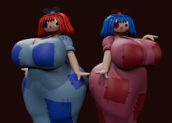 2girls 3d 3d_(artwork) alternative_universe analog_horror annie_(duffyfilmz) big_ass big_breasts big_butt big_thighs blender blender_(software) blue_dress blue_hair boobs bow button_eyes chubby chubby_female duffyfilmz evil_ragatha evil_ragatha_(the_amazing_digital_circus) horror horror_(theme) ragatha ragatha_(tadc) ragatha_(the_amazing_digital_circus) red_dress red_hair smile smiling the_amazing_digital_circus unknown_artist