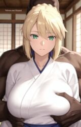 1boy 1girls ai_generated aisuyuni artoria_pendragon big_breasts blacked blonde_hair breasts cheating cheating_female cheating_girlfriend cheating_wife cuckold cuckolding dark-skinned_male fate/grand_order fate/stay_night fate_(series) grabbing grabbing_breasts grabbing_from_behind green_eyes interracial large_breasts looking_at_viewer netorare ntr saber