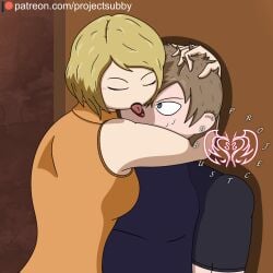 1boy 1girls aggressive aggressive_female ashley_graham assertive assertive_female blonde blonde_female blonde_hair capcom dominant dominant_female domination femdom forced_kiss girl_on_top hair_grab head_grab kiss kissing leon_scott_kennedy projectsubby resident_evil resident_evil_4 resident_evil_4_remake tongue tongue_kiss tongue_out wide_eyed