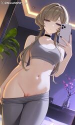 abs ai_generated artist_name blue_eyes blush explicit_pussy female genshin_impact grey_pants grey_sports_bra holding_smartphone large_breasts light_brown_hair long_hair looking_at_viewer mirror navel nipples nude pants_down pussy sandrone_(genshin_impact) selfie shineinsfw shiny_skin solo sweat toned wet_skin