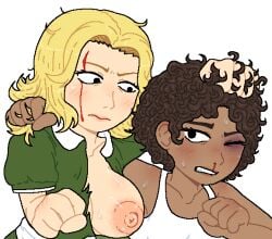 2women blonde_female blonde_hair blood_on_face breast_out brown_skin domestic_abuse fight grabbing_hair lesbian_couple meme unknown_artist yuri