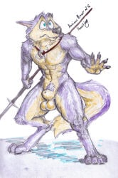 absurd_res anthro anxiousboar balls balto_(series) canid canine canis domestic_dog genitals hi_res husky male mammal melee_weapon nordic_sled_dog nude polearm pose scared solo solo_focus spear spitz star_(balto) traditional_media_(artwork) universal_studios weapon