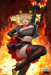 1girls ai_generated arm_up bandeau belt black_footwear black_gloves black_jacket black_panties black_skirt black_thighhighs blonde_hair boots breasts burnice_white cheerleader cleavage crop_top cropped_jacket eyewear_on_head fire gloves high_heel_boots high_heels holding jacket large_breasts leg_up looking_at_viewer midriff miniskirt navel one_eye_closed open_clothes open_jacket open_mouth panties philon pleated_skirt pom_pom_(cheerleading) red_eyes skindentation skirt smile solo stable_diffusion standing standing_on_one_leg strapless sunglasses sweat thigh_boots thighhighs thighs tube_top twintails two-tone_skirt underwear zenless_zone_zero