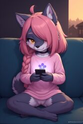 ai_generated amber_eyes anthro blue_body bottomless_female braided_hair crossed_legs female furry hair_over_one_eye living_room phone pink_hair pussy sitting spread_legs wolf young