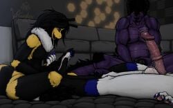 3_toes 4_toes anthro arctic_fox arthropod balls balls_blush bee behemoth_(final_fantasy) big_balls big_glans big_penis blush blushing_feet bodily_fluids body_blush bumble_bee_(species) canid canine claws erection excessive_genital_fluids excessive_precum feet final_fantasy foot_fetish foot_focus foot_on_leg foot_play foot_rub fox genital_fluids genitals glans group hi_res huge_penis humanoid_genitalia humanoid_penis hybrid_genitalia hybrid_penis hymenopteran insect kuzma_(vxserenade) leaking_precum lisle_(vxserenade) male mammal masturbation medial_ring medial_ringed_humanoid_penis medial_ringed_hybrid_penis muscular muscular_male nipples paw_day pawpads penis plantigrade precum precum_on_balls precum_on_feet precum_on_penis precum_squirt precum_string short_story soles square_enix steamy_feet steamy_penis story story_in_description sweat sweaty_feet toe_claws toes trio true_fox vascular vascular_penis vein veiny_feet veiny_penis vexxus_(vxserenade) voyeur vxserenade wet wet_penis
