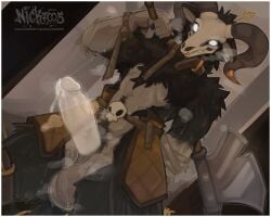 absurd_res anthro armor axe balls bodily_fluids body_hair bovid canid canine caprine collar dripping erection genital_fluids genitals glans goat happy_trail hi_res horn humanoid_genitalia humanoid_penis hybrid male mammal nick7005 penis precum precum_drip shallow_(theshallow) skulldog_(species) solo sweat translucent translucent_penis unconvincing_armor undead weapon weapon_on_shoulder