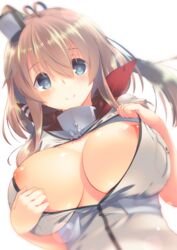 anchor blue_eyes breast_pocket breasts brown_hair dress female hair_between_eyes hair_ornament heart heart-shaped_pupils highres kantai_collection large_breasts long_hair mutsuno_hekisa nipples open_clothes pocket saratoga_(kantai_collection) side_ponytail sidelocks smile solo symbol-shaped_pupils white_dress