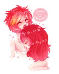 2girls anonymous_artist areola ass blush breasts cunnilingus female hair human long_hair mari_adler multiple_girls nipples nude orgasm pussy red_hair saffron_north sweat text tongue vagina yellow_hair yuri