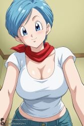 1female 1girl 1girls 2026 ai_generated artist_name big_ass big_breasts blue_eyes blue_hair blush breasts bulma bulma_briefs cleavage closed_mouth collarbone curvy denim dragon_ball dragon_ball_super hi_res high_quality high_resolution highres huge_ass huge_breasts indoors jeans large_breasts looking_at_viewer midriff pants patreon patreon_username shirt short_hair short_sleeves smile solo unjobdespiert watermark white_shirt
