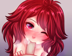 1boy anonymous_artist blush erection fellatio female human long_hair looking_at_viewer nude oral penis red_eyes red_hair saffron_north saliva straight sucking sweat veiny