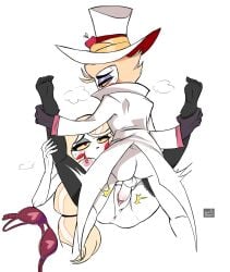 angel blonde_hair blush bodily_fluids charlie_morningstar clothed clothing daughter_(lore) demon duo fallen_angel father_(lore) father_and_child_(lore) father_and_daughter_(lore) female genitals hair hat hazbin_hotel headgear headwear hellaverse hi_res humanoid incest_(lore) lucifer_(hazbin_hotel) male parent_(lore) parent_and_child_(lore) parent_and_daughter_(lore) partially_clothed penetration penis spec_almond sweat vaginal vaginal_penetration vulva