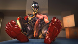 1boy 3d black_hair blackwatch_genji erection gay genji killystein male male_only overwatch penis sitting solo source_filmmaker testicles