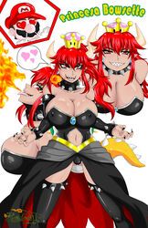 1boy 1girls big_breasts blonde blonde_hair blushing bowsette claws female female_focus fire_breathing male mario mario_(series) new_super_mario_bros._u_deluxe nintendo raidon_dimentional_land red_bowsette red_eyes rule_63 sharp_teeth spanish_text spikes spikes_collar spikes_cuffs super_mario_bros. text thighhighs