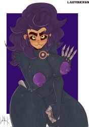 2023 5_fingers anthro areola arm_down arm_under_breasts bent_arm big_breasts big_hair biped black_sclera bone border breasts claws colored cute_fangs demon digital_drawing_(artwork) digital_media_(artwork) disney exoskeleton eyebrows eyelashes fangs female fingers fist fur genitals glowing glowing_markings grey_body grey_fur hair half-length_portrait hi_res humanoid_face ladyduck69 line_art long_hair looking_at_viewer luz_noceda mammal markings messy_hair nipples pinup portrait pose primate puffy_areola purple_background purple_hair purple_nipples round_ears shaded signature simple_background smile solo tan_body teeth the_owl_house thick_eyebrows thick_thighs titan_(the_owl_house) vulva white_border x_nipples yellow_eyes yellow_markings
