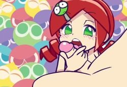 1boy 1girls accurate_art_style ahoge andou_ringo animated big_penis blush_lines female gif green_eyes hair_ornament handjob large_penis licking_penis male puyo_puyo puyo_puyo_artstyle red_hair unseen_male_face w.t.dinner