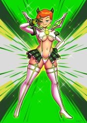 1girls ben_10 benketsu big_ass ginger green_eyes gwen_tennyson gwen_tennyson_(classic) half_naked heels kamui_(kill_la_kill) kill_la_kill light-skinned_female looking_at_viewer matoi_ryuuko_(cosplay) orange_hair peace_sign planz34 pose posing sailor_uniform seductive seductive_look senketsu short_hair skin_tight_outfit skin_tight_suit thighhighs thong underboob upgrade_(ben_10) wide_hips winking_at_viewer