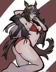 arm_up armpit ass belly belly_button big_ass bikini brown_hair curvy curvy_female dream_journey_(umamusume) feet_out_of_frame glasses hair_between_eyes horse_ears horse_tail long_hair marcikatuwu medium_breasts midriff red_bikini thick_thighs umamusume umamusume_pretty_derby wide_hips