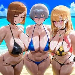 3girls ai_generated beach big_boobs big_breasts bikini blonde blonde_female blonde_hair blue_eyes blush blush_lines blushing blushing_at_viewer blushing_female brown_eyes brown_hair clenched_teeth curvy curvy_female curvy_figure curvy_hips curvy_thighs female female_only gray_hair huge_breasts jujutsu_kaisen kitagawa_marin kugisaki_nobara large_breasts light-skinned_female light_skin looking_at_viewer mature_female micro_bikini pink_eyes schoolgirl seductive seductive_eyes seductive_look seductive_pose seductive_smile sexy sexy_body sexy_pose shao145 shiny_skin silver_hair smile smiley_face solo solo_female sono_bisque_doll_wa_koi_wo_suru standing stomach teasing teasing_viewer teenage_girl teenager teeth teeth_showing thong thong_bikini tummy uzaki-chan_wa_asobitai! uzaki_hana
