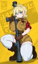 1girl 1girls big_breasts blonde_hair blue_eyes boots gloves gun gun_between_breasts hellsing hellsing_ultimate holding_gun huge_breasts light_blonde_hair pink-chan rocket_launcher seras_victoria short_hair skirt thighhighs uniform