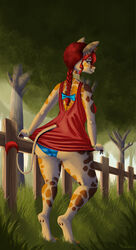 1girls ass braided_hair breasts clothed clothing curvy dress female female_only forest giraffe hair large_ass large_breasts mammal panties piercing pinup pose semi-anthro skirt skirt_lift sunset thespicypaprika tree trenza underwear