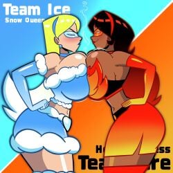 2026 2d 2d_(artwork) 2d_artwork 2girls arm_sleeves ass atomickingboo big_breasts black-haired_female black_hair blonde blonde-haired_female blonde_female blonde_hair blue_lips blue_lipstick breast_press breasts breasts_press breasts_pressed_together chocolate_and_vanilla clothed clothed_female clothing dark-skinned_female dark_skin digital_media_(artwork) domino_mask duo elbow_gloves english english_text eye_mask female female_only fully_clothed fully_clothed_female huge_breasts light-skinned_female light_skin lips lipstick long_hair looking_at_another mask masked masked_female midriff multicolored_hair oc ocs ombre_hair original original_character original_characters red-haired_female red_hair red_lips red_lipstick redhead redhead_female redheaded_female rivals scowl short_shorts shorts stockings superhero superhero_costume superheroine text thick_thighs thighs tube_top tubetop versus white-haired_female white_hair
