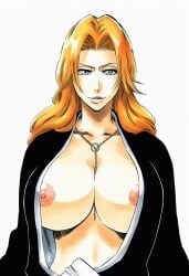 1girls accurate_art_style accurate_body_type ai-created ai_generated areola_slip areolae between_breasts black_kimono bleach blue_eyes breast_focus breasts breasts_out_of_clothes busty cel_shading chain chain_necklace cleavage clothing curvaceous exposed_breasts eyebrows facing_viewer female female_focus female_only female_solo front_view haori high_resolution huge_breasts jewelry kimono large_breasts light-skinned_female light_skin lineart long_hair looking_at_viewer matsumoto_rangiku mole mole_under_mouth necklace nipple_slip nipples no_bra open_clothes open_shirt oppai orange_hair parted_lips robe shiny shiny_hair shiny_skin shirt simple_background smile solo solo_focus standing thin_eyebrows tite_kubo_style traditional_clothes upper_body wafuku waifu wardrobe_malfunction white_background